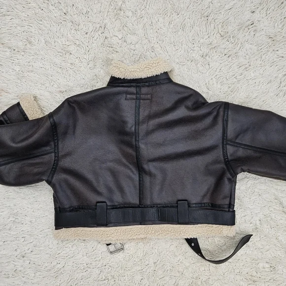 NWT Zara Faux Shearling Lined Jacket Cropped Moto Jacket - Picture 7 of 7
